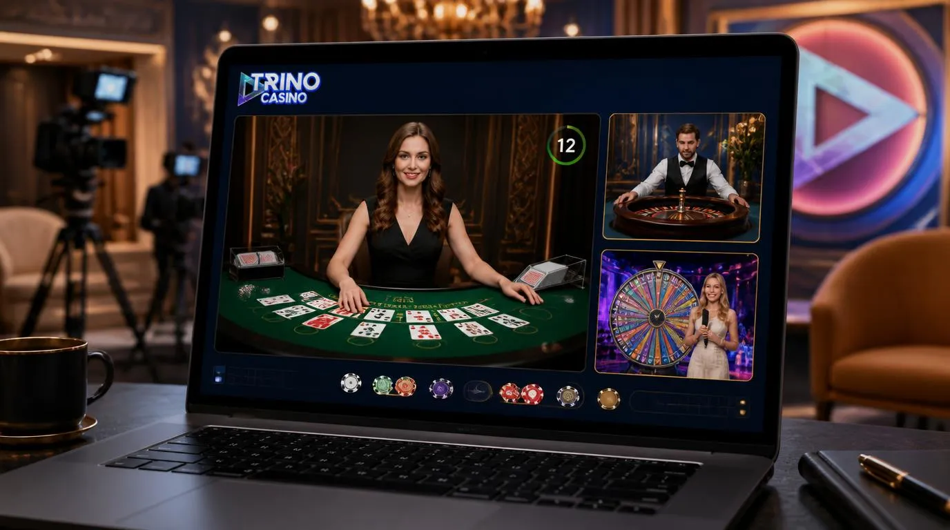 Krupierka przy stole blackjacka i ekran kasyna na żywo z widokiem ruletki oraz teleturnieju