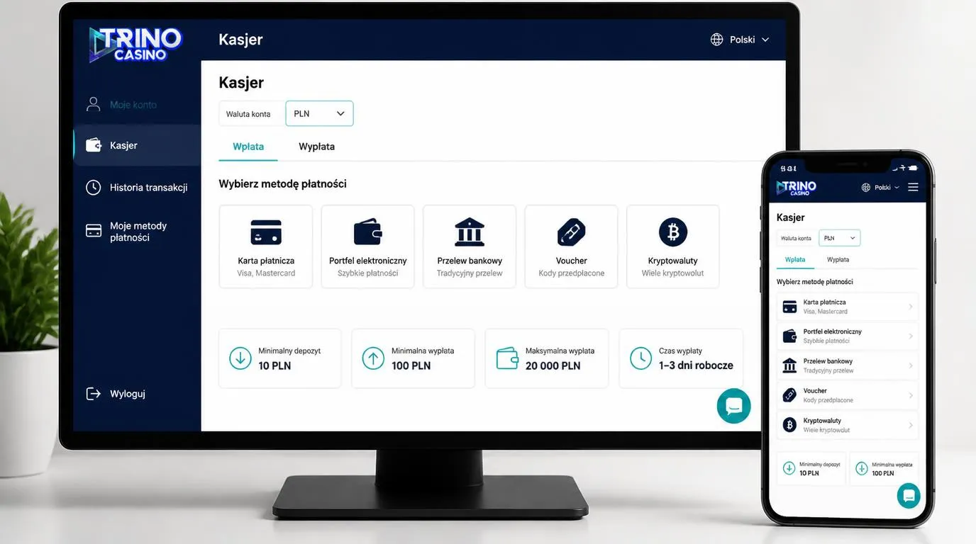 Panel kasy z kontem w PLN, wyborem płatności oraz progami depozytu i wypłaty
