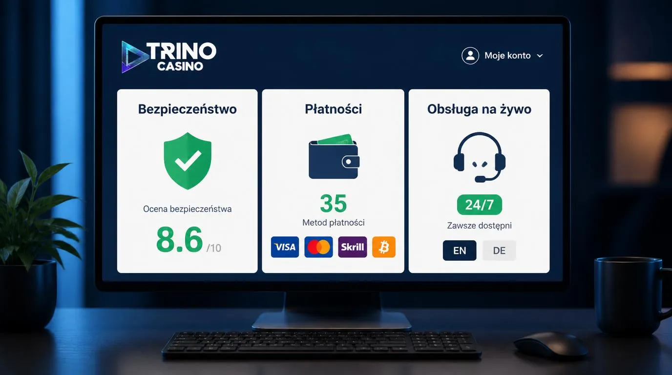 Panel kasyna z oceną bezpieczeństwa 8,6, wyborem 35 metod wpłat i czatem całodobowym w dwóch językach